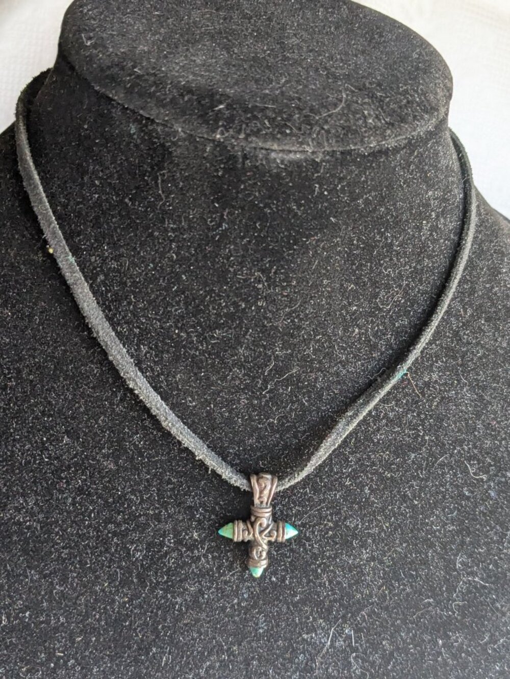 Silver and Turquoise Cross on Leather Necklace